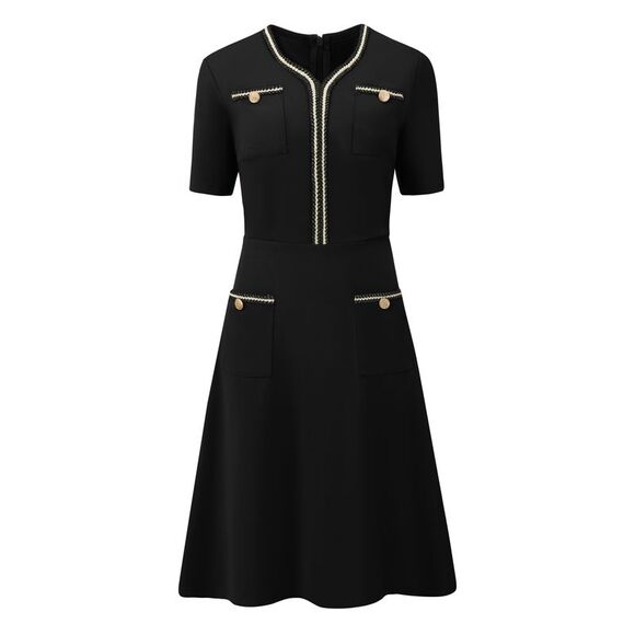 Hobemty Dresses & Skirts - Women's Tweed A-Line Dress V Neck Short Sleeve Dress with Pockets Black